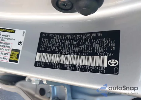 2025 Toyota Corolla Le from USA, damaged, VIN 5YFB4MDE9SP310487